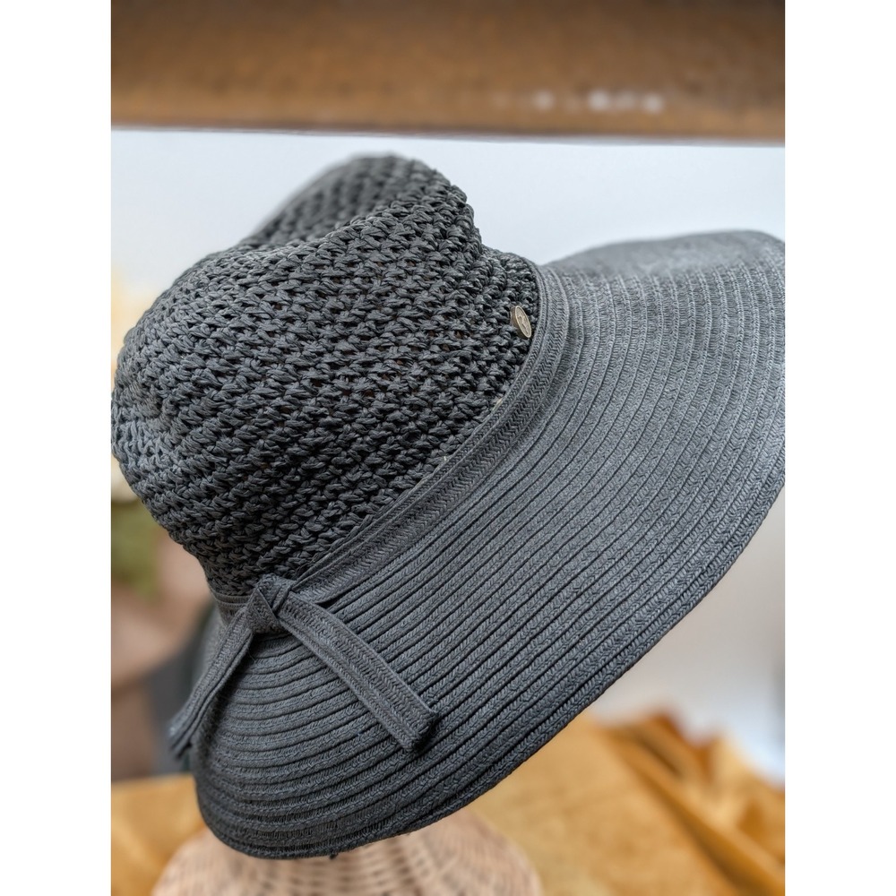 Black Woven Sun Hat Leaping Deer Stag Emblem Detail Ribbon Accent Floppy Cap